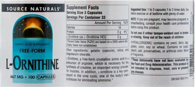 Photo of the Source Naturals L-Ornithine 667 mg label