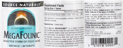 Photo of the Source Naturals MegaFolinic 800 mcg label