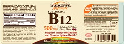 Photo of the Sundown Naturals Sublingual B12 500 mcg Delicious Natural Cherry Flavor label