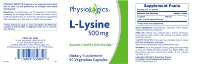 Photo of the PhysioLogics L-Lysine 500 mg label