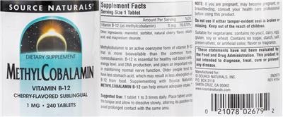 Photo of the Source Naturals MethylCobalamin Vitamin B-12 1 mg Cherry Flavored Sublingual label