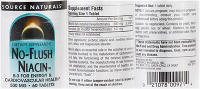 Photo of the Source Naturals No-Flush Niacin 500 mg label