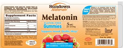 Photo of the Sundown Naturals Melatonin Gummies 5 mg Strawberry Flavor label