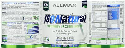 Photo of the ALLMAX IsoNatural Pure Whey Protein Isolate Unflavored label