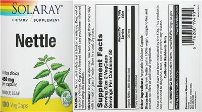 Photo of the Solaray Nettle 450 mg label