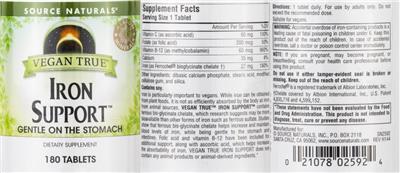 Photo of the Source Naturals Vegan True Iron Support label