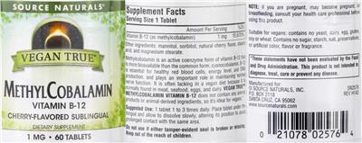 Photo of the Source Naturals Vegan True MethylCobalamin Vitamin B-12 1 mg Cherry-Flavored label