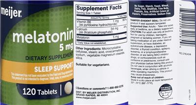 Photo of the Meijer Melatonin 5 mg label
