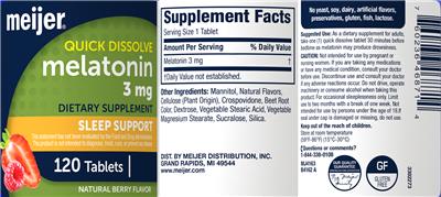 Photo of the Meijer Melatonin 3 mg Quick Dissolve Natural Berry Flavor label