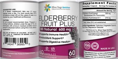 Photo of the Silver Sage Nutrition Elderberry Fruit Plus 600 mg label
