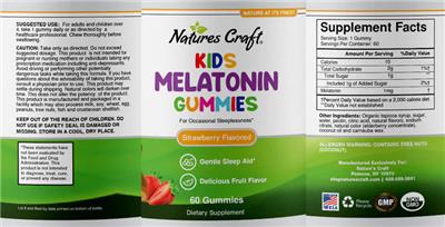Photo of the Natures Craft Kids Melatonin Gummies Strawberry Flavored label