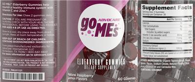 Photo of the AdvoCare GO MEs Elderberry Gummies Natural Raspberry Flavor label
