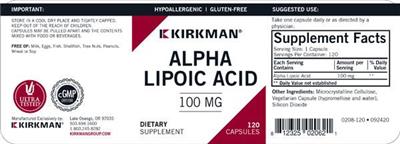 Photo of the Kirkman Alpha Lipoic Acid 100 mg label