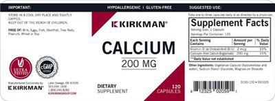 Photo of the Kirkman Calcium 200 mg label
