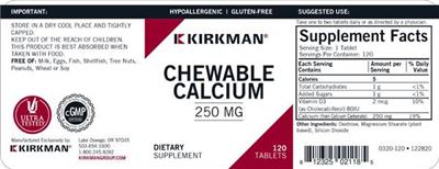 Photo of the Kirkman Chewable Calcium 250 mg label