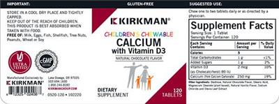 Photo of the Kirkman Children's Chewable Calcium with Vitamin D-3 Natural Chocolate Flavor label