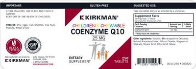 Photo of the Kirkman Children's Chewable Coenzyme Q10 25 mg label