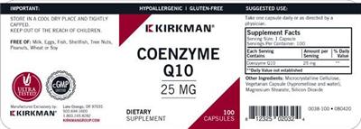 Photo of the Kirkman Coenzyme Q10 25 mg label