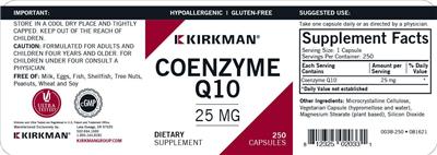 Photo of the Kirkman Coenzyme Q10 25 mg label