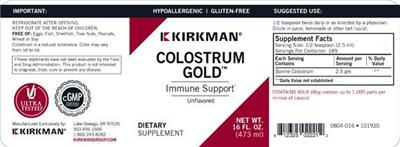 Photo of the Kirkman Colostrum Gold Unflavored label