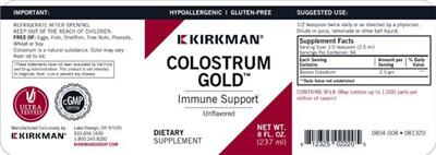 Photo of the Kirkman Colostrum Gold Unflavored label