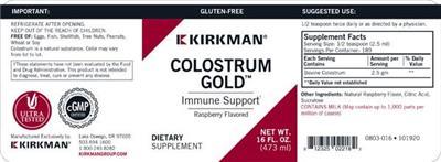 Photo of the Kirkman Colostrum Gold Raspberry Flavored label