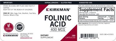 Photo of the Kirkman Folinic Acid 400 mcg label