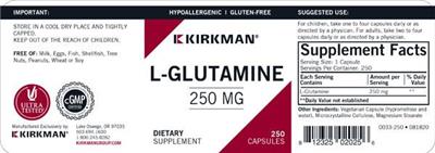 Photo of the Kirkman L-Glutamine 250 mg label