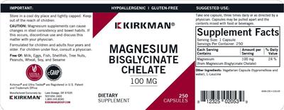 Product label for Magnesium Bisglycinate Chelate 100 mg