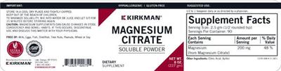 Photo of the Kirkman Magnesium Citrate Soluble Powder label