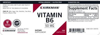 Photo of the Kirkman Vitamin B6 50 mg label