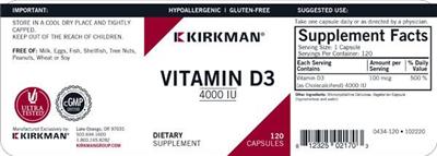 Photo of the Kirkman Vitamin D3 4000 IU label