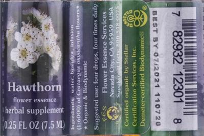 Photo of the Flower Essence Services Hawthorn Flower Essence label