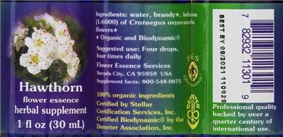 Photo of the Flower Essence Services Hawthorn Flower Essence label