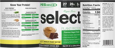 Photo of the PEScience Select Plant Protein Vegan Series Amazing Chocolate Peanut Butter label