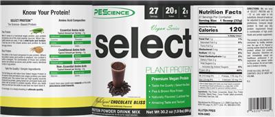 Photo of the PEScience Select Plant Protein Vegan Series Indulgent Chocolate Bliss label