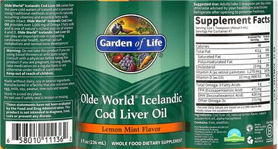 Photo of the Garden of Life Olde World Icelandic Cod Liver Oil Lemon Mint Flavor label