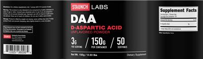 Photo of the Staunch Labs DAA D-Aspartic Acid Unflavored Powder label