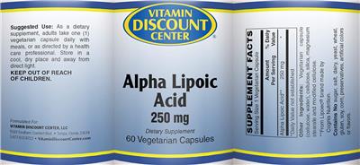 Photo of the Vitamin Discount Center Alpha Lipoic Acid 250 mg label