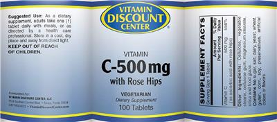 Photo of the Vitamin Discount Center Vitamin C-500 mg with Rose Hips label