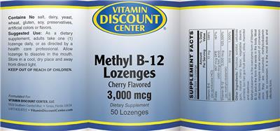 Photo of the Vitamin Discount Center Methyl B-12 Lozenges 3,000 mcg Cherry Flavored label