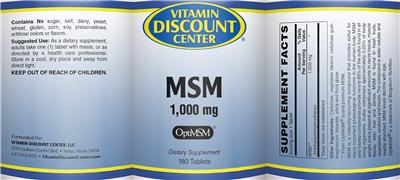 Photo of the Vitamin Discount Center MSM 1,000 mg label