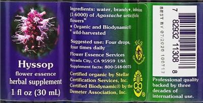Photo of the Flower Essence Services Hyssop Flower Essence label