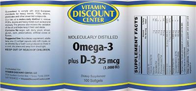 Photo of the Vitamin Discount Center Omega-3 plus D-3 25 mcg (1,000 IU) label