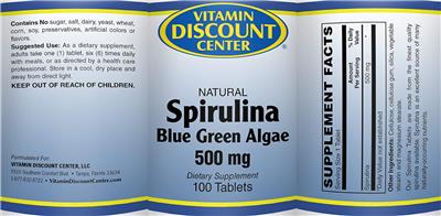Photo of the Vitamin Discount Center Spirulina Blue Green Algae 500 mg label