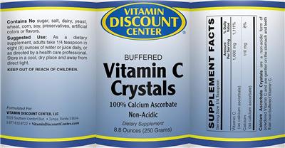Photo of the Vitamin Discount Center Buffered Vitamin C Crystals label