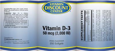 Photo of the Vitamin Discount Center Vitamin D-3 50 mcg (2,000 IU) label
