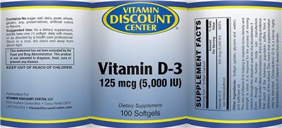 Photo of the Vitamin Discount Center Vitamin D-3 125 mcg (5,000 IU) label