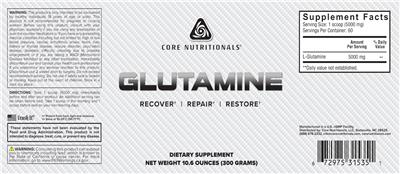 Photo of the Core Nutritionals Glutamine label