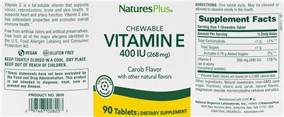 Photo of the NaturesPlus Chewable Vitamin E 400 IU (268 mg) Carob Flavor label